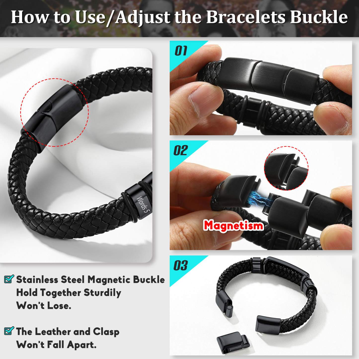 Personalized gift for dad Leather Bracelet with Engraved Beads