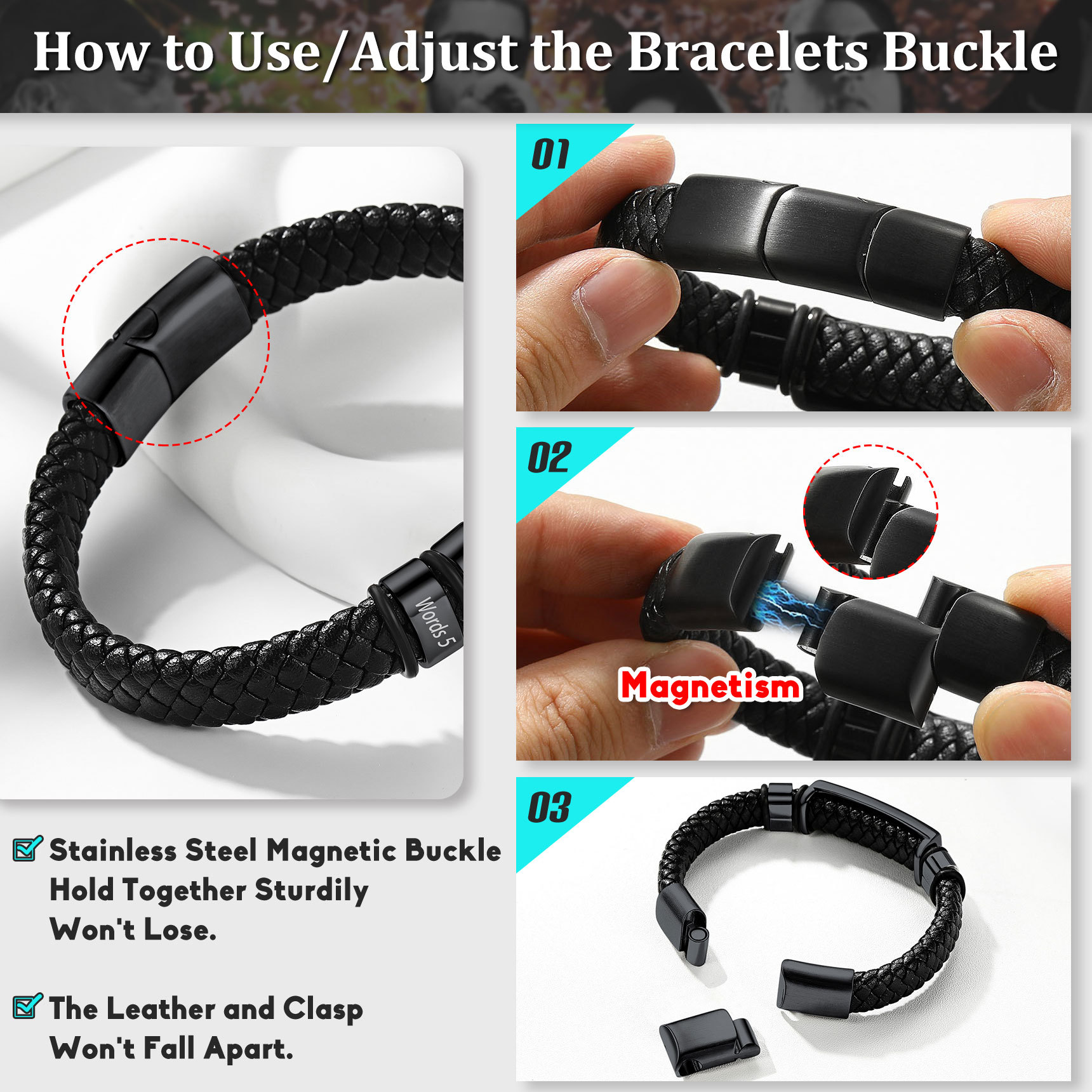 Personalized gift for dad Leather Bracelet with Engraved Beads
