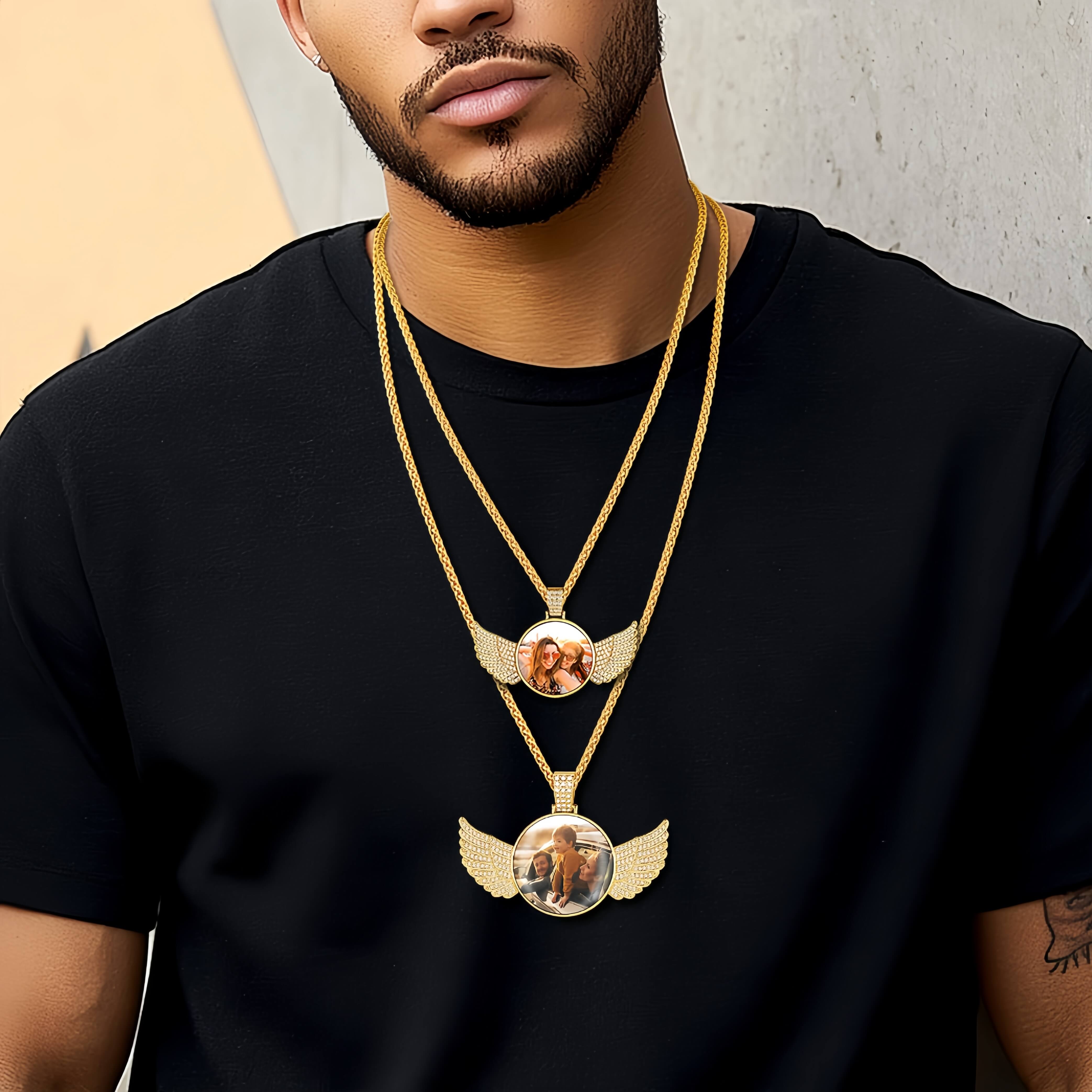 man wearing Angel Wing Photo Necklace with Picture