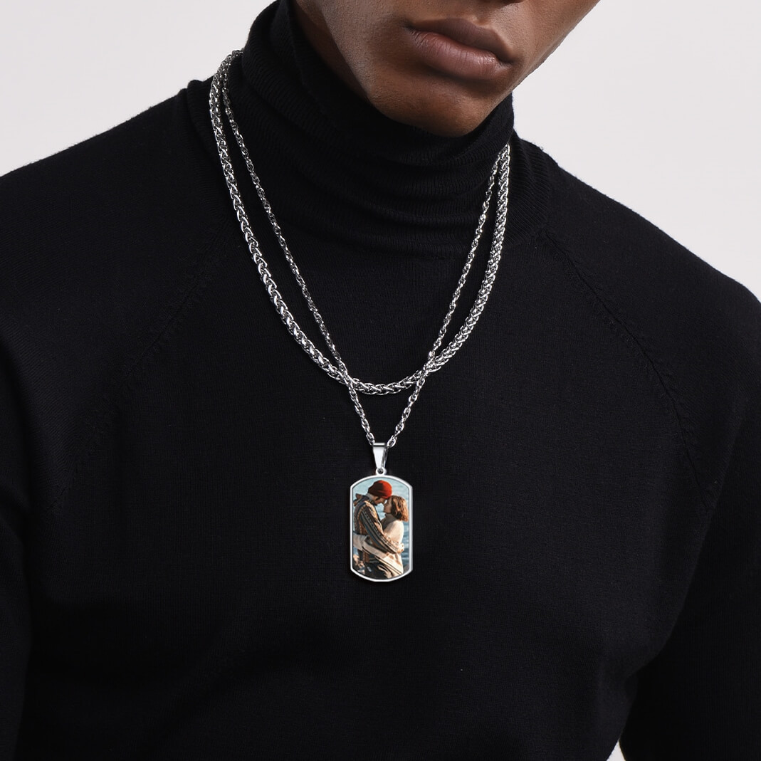 man wearing Custom Photo Dog Tag Necklace 