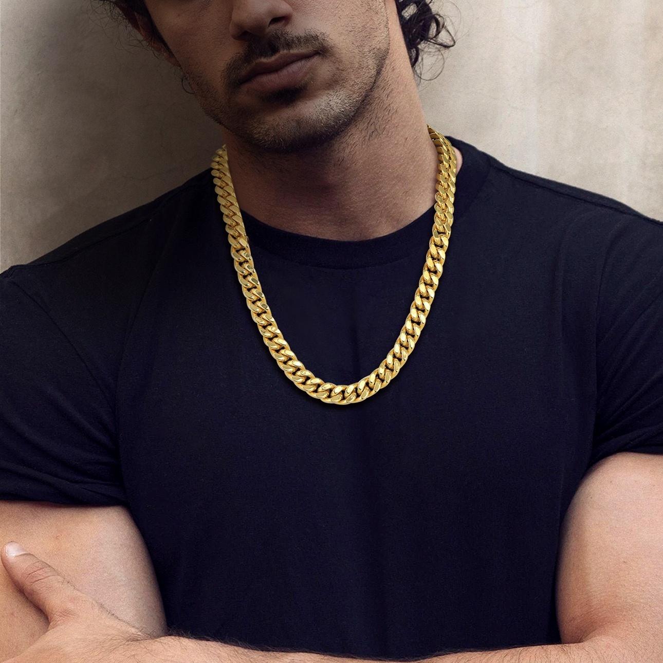 man wearing chunky gold Miami Cuban Link Chain Necklace 