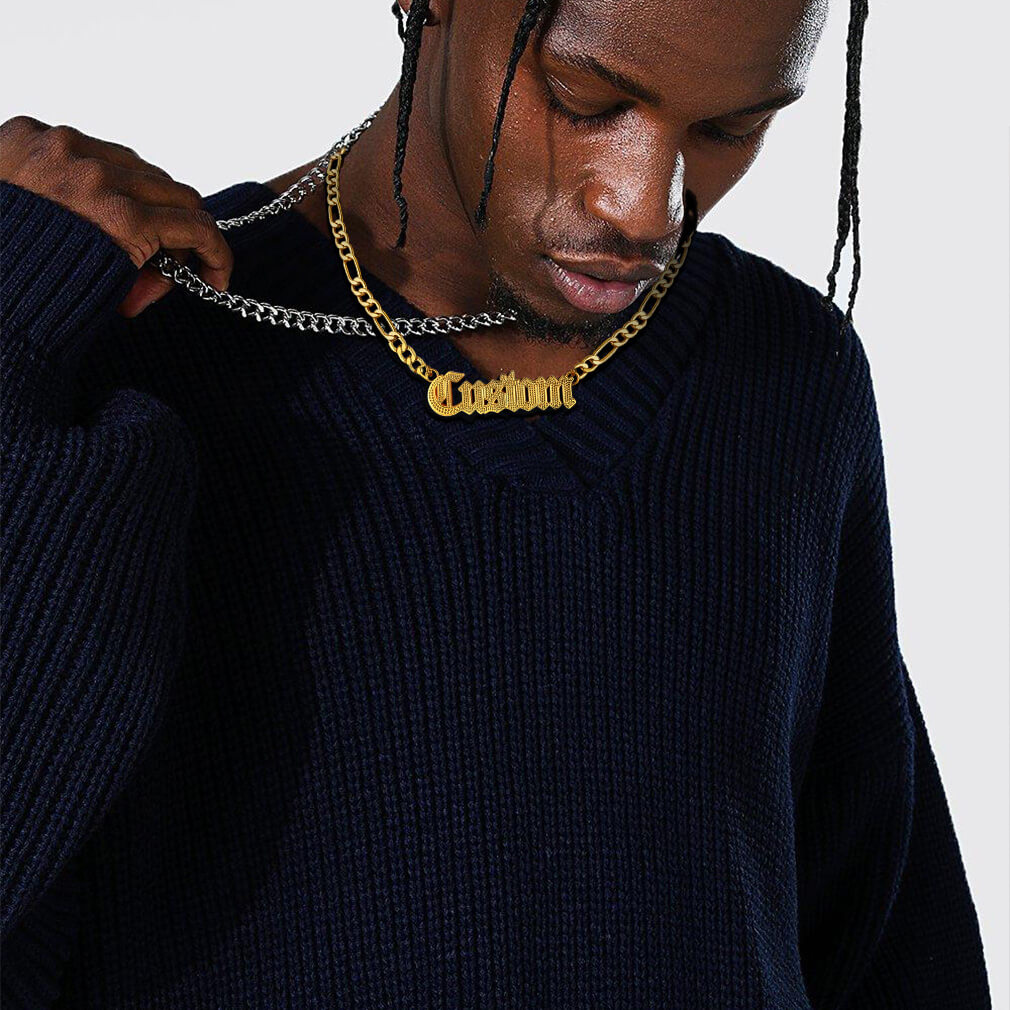 man wearing gold Diamond Cut Name Necklace
