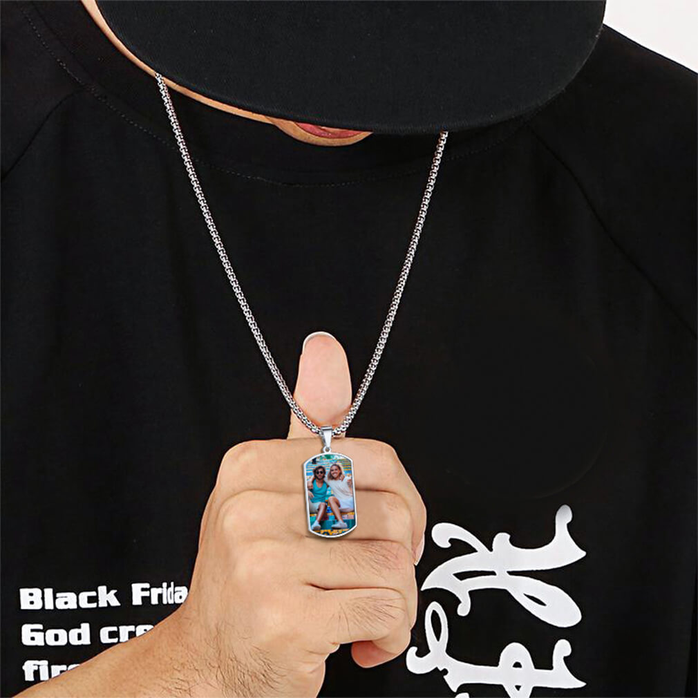man wearing Dog Tag Photo Necklace 