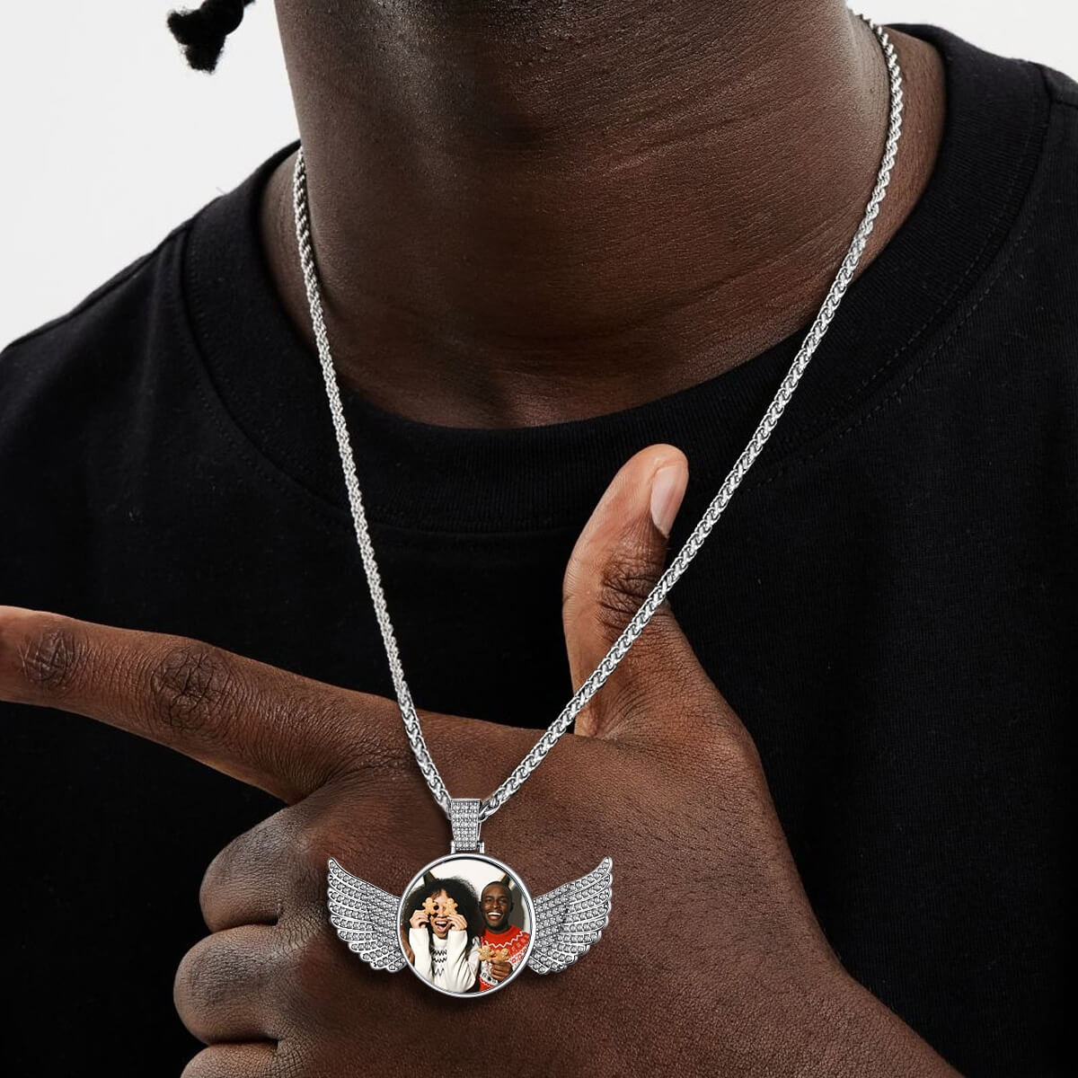 man wearing Angel Wing Photo Circle Chain Necklace with Picture