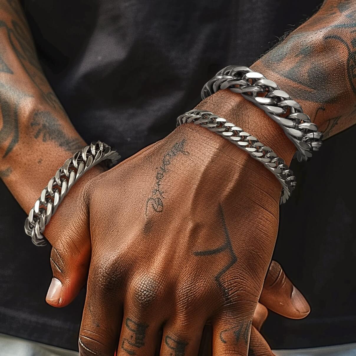 man wearing silver Cuban Link Chain bracelet