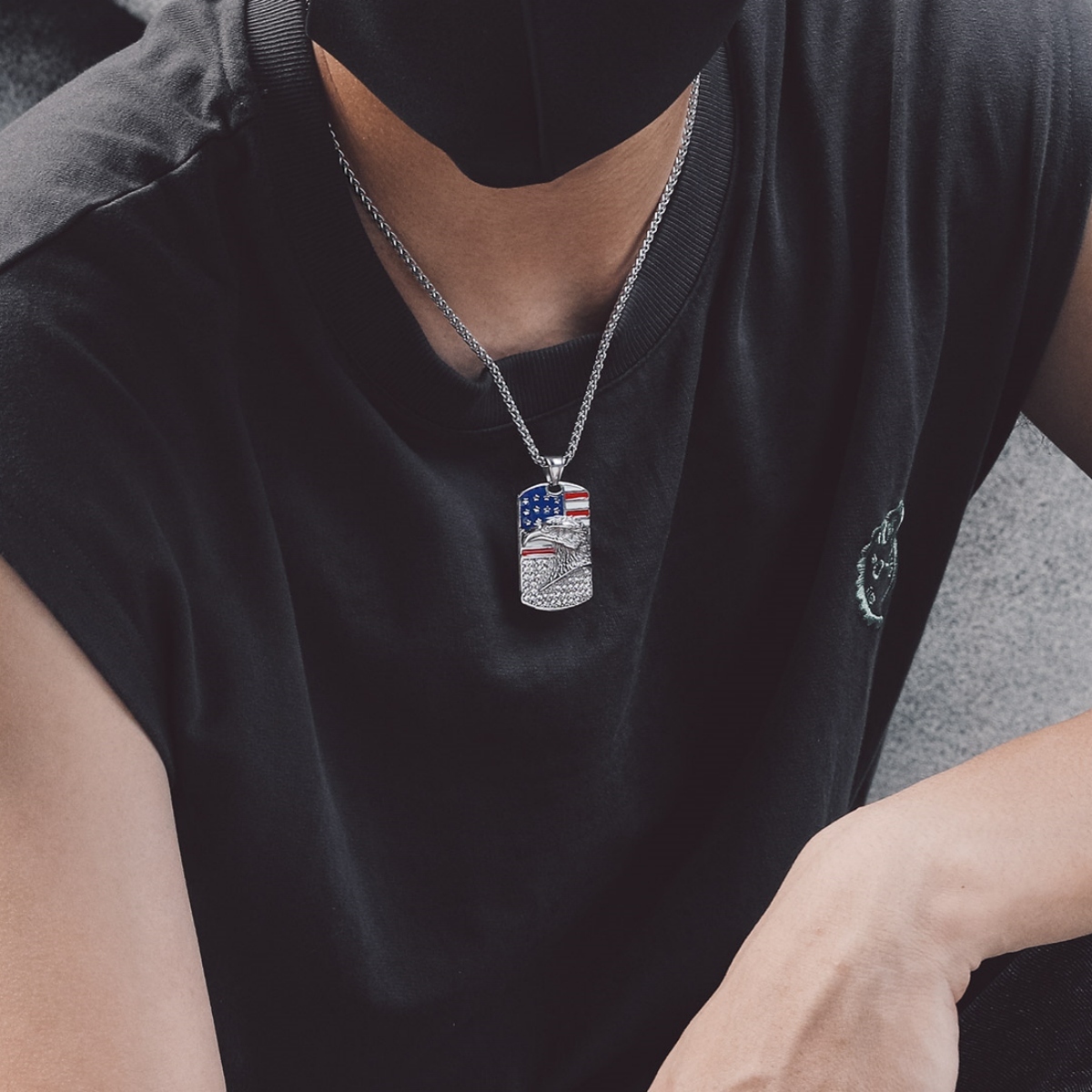 men wearing 4th of July American Flag  Necklace