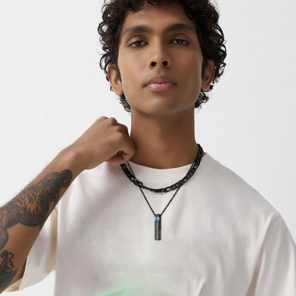 men wearing black Birthstone Bar Cremation Urn Necklace