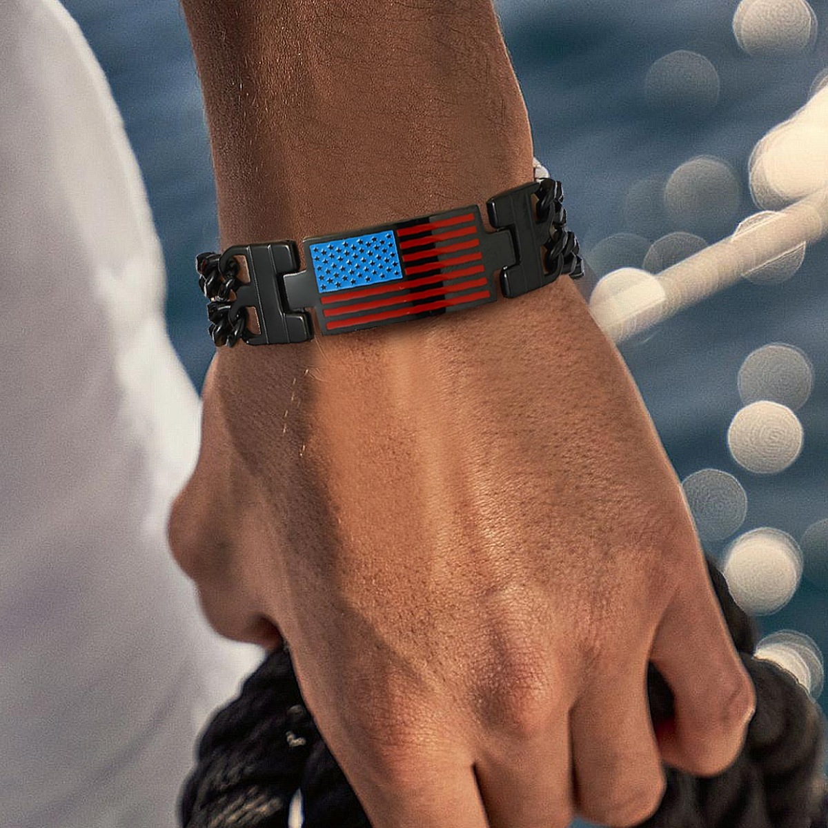 men wearing black US Flag Cuban Link Chain Bracelet