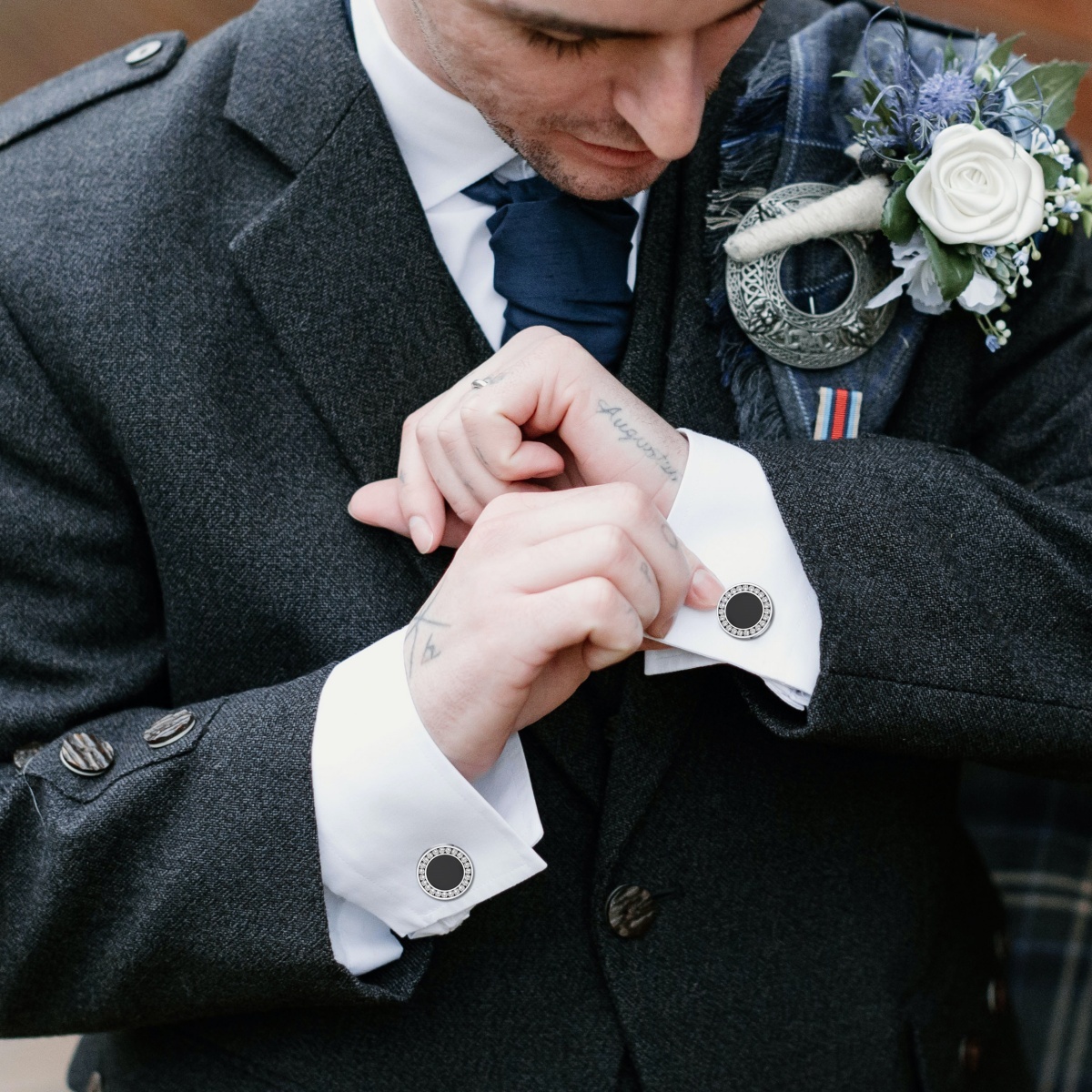 men wearing Black Onyx Engraved Cufflinks