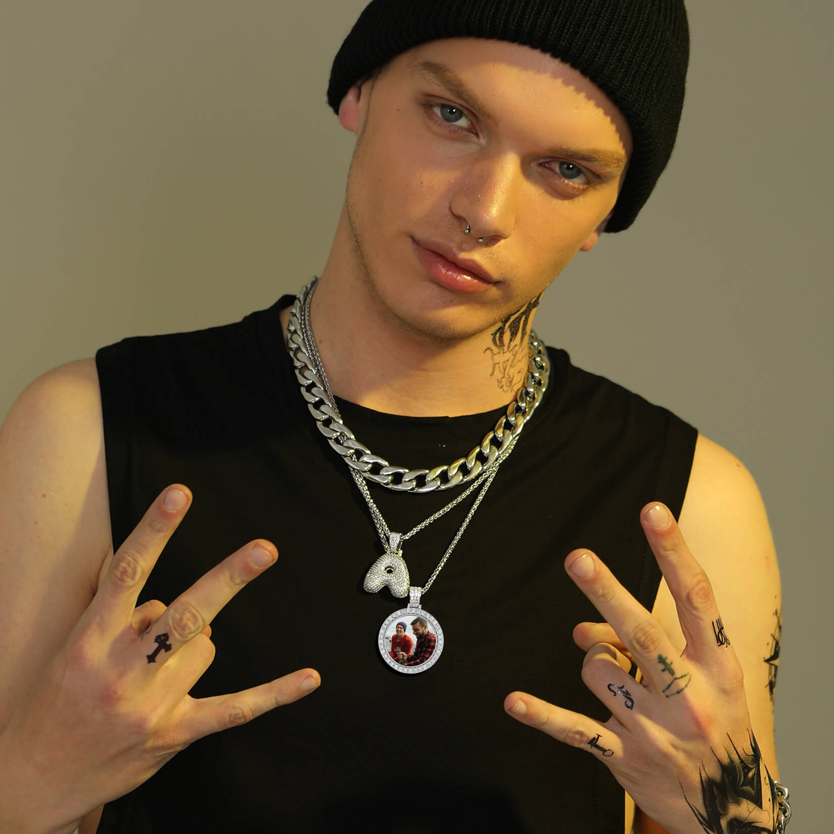 men wearing silver Photo Engraved Necklace