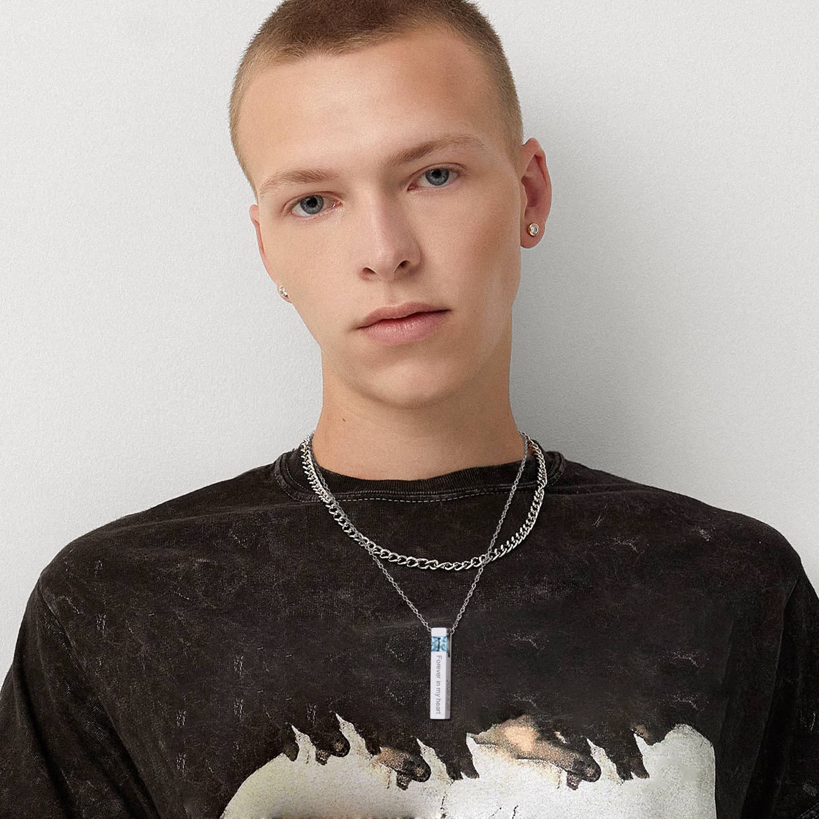 men wearing silver Birthstone Bar Cremation Urn Necklace
