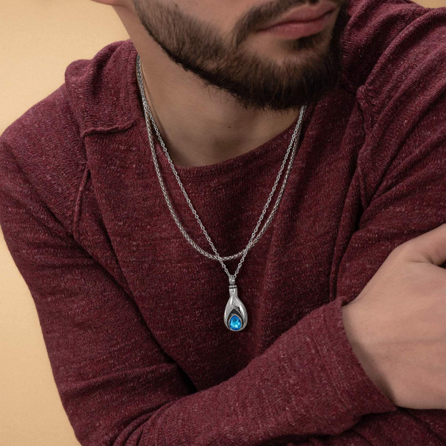 man wearing silver Birthstone Urn Necklace 