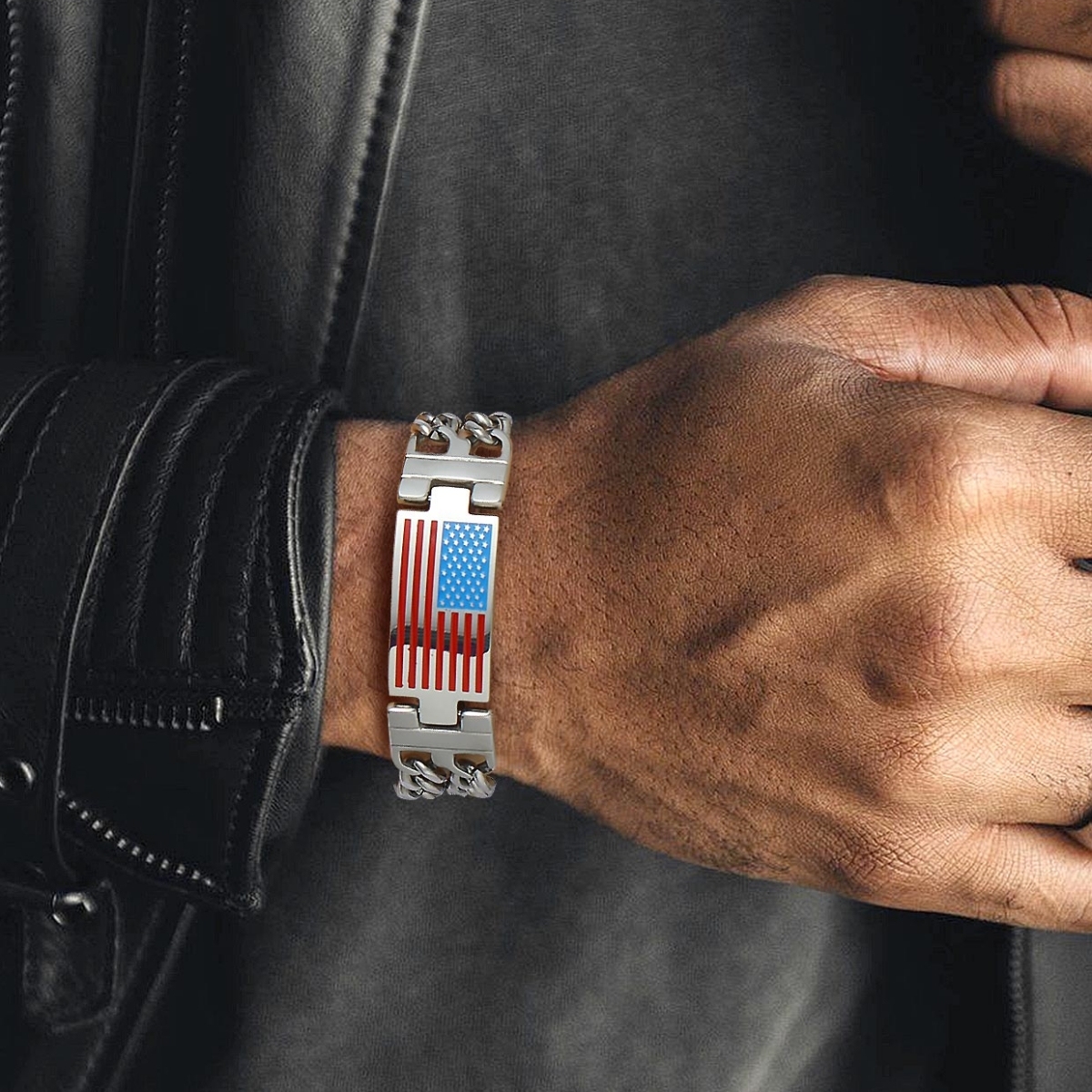 men wearing silver US Flag Cuban Link Chain Bracelet