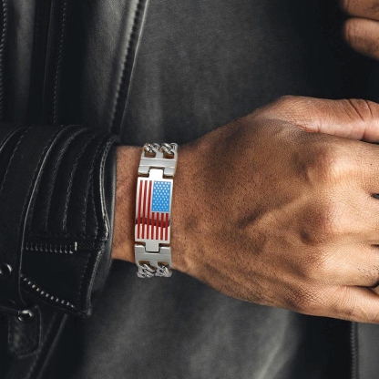 men wearing silver US Flag Cuban Link Chain Bracelet