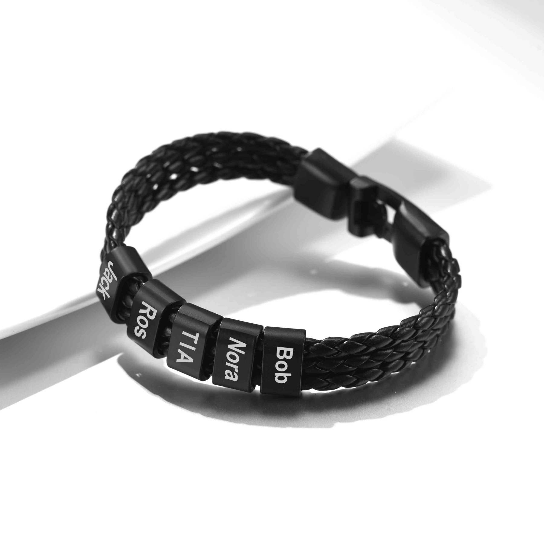 Custom Mens Engraved Beaded Leather Layered Bracelets black