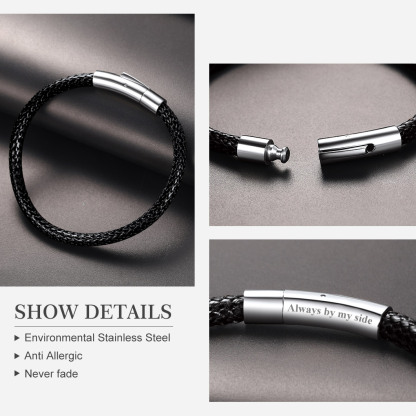Engraved Leather Bracelet with Magnetic Clasp for Men