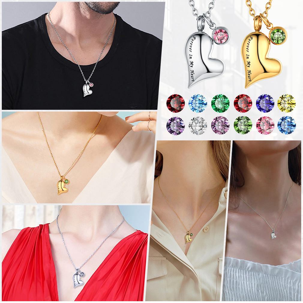 model wearing Heart Birthstone Cremation Urn Necklace