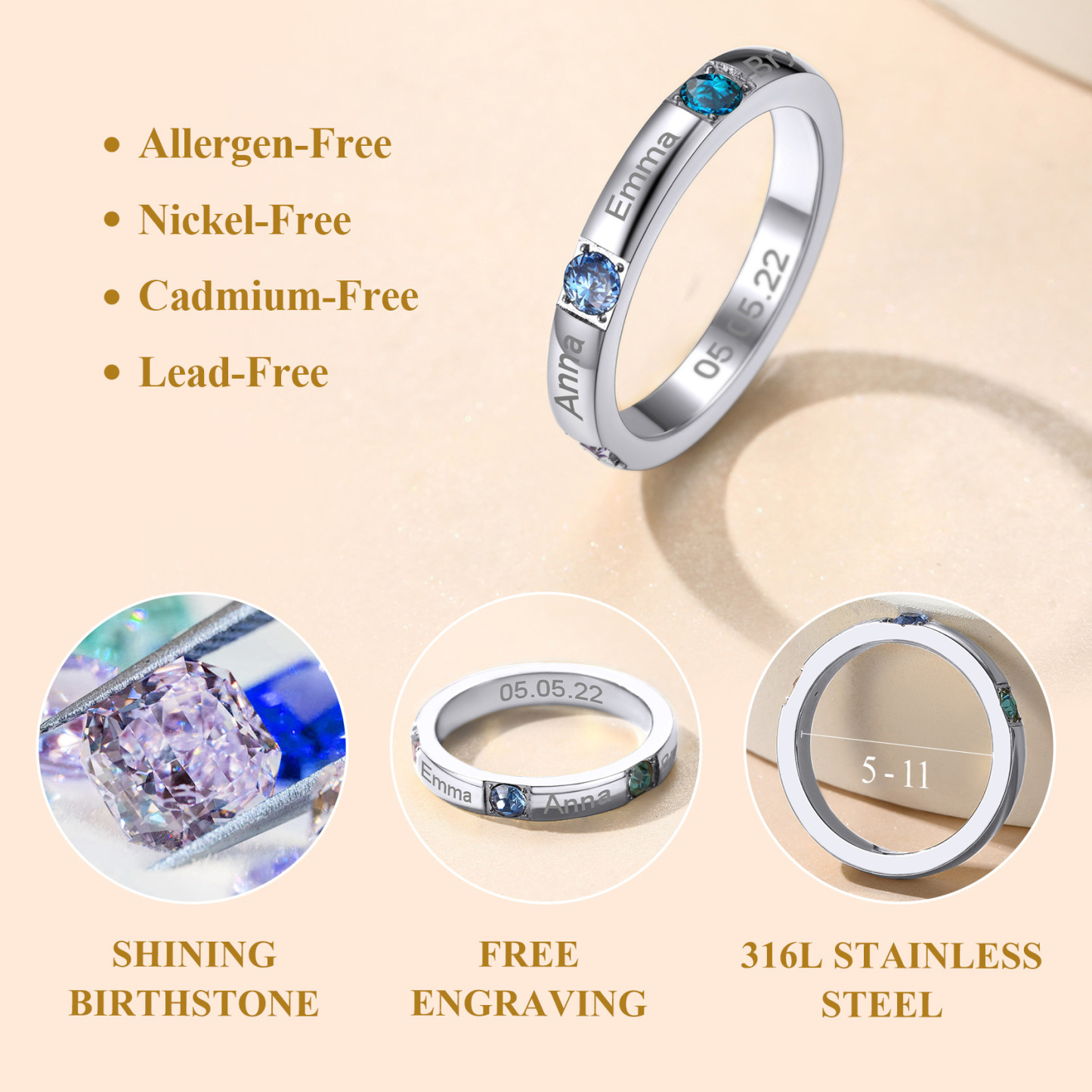 nickle free Birthstones ring