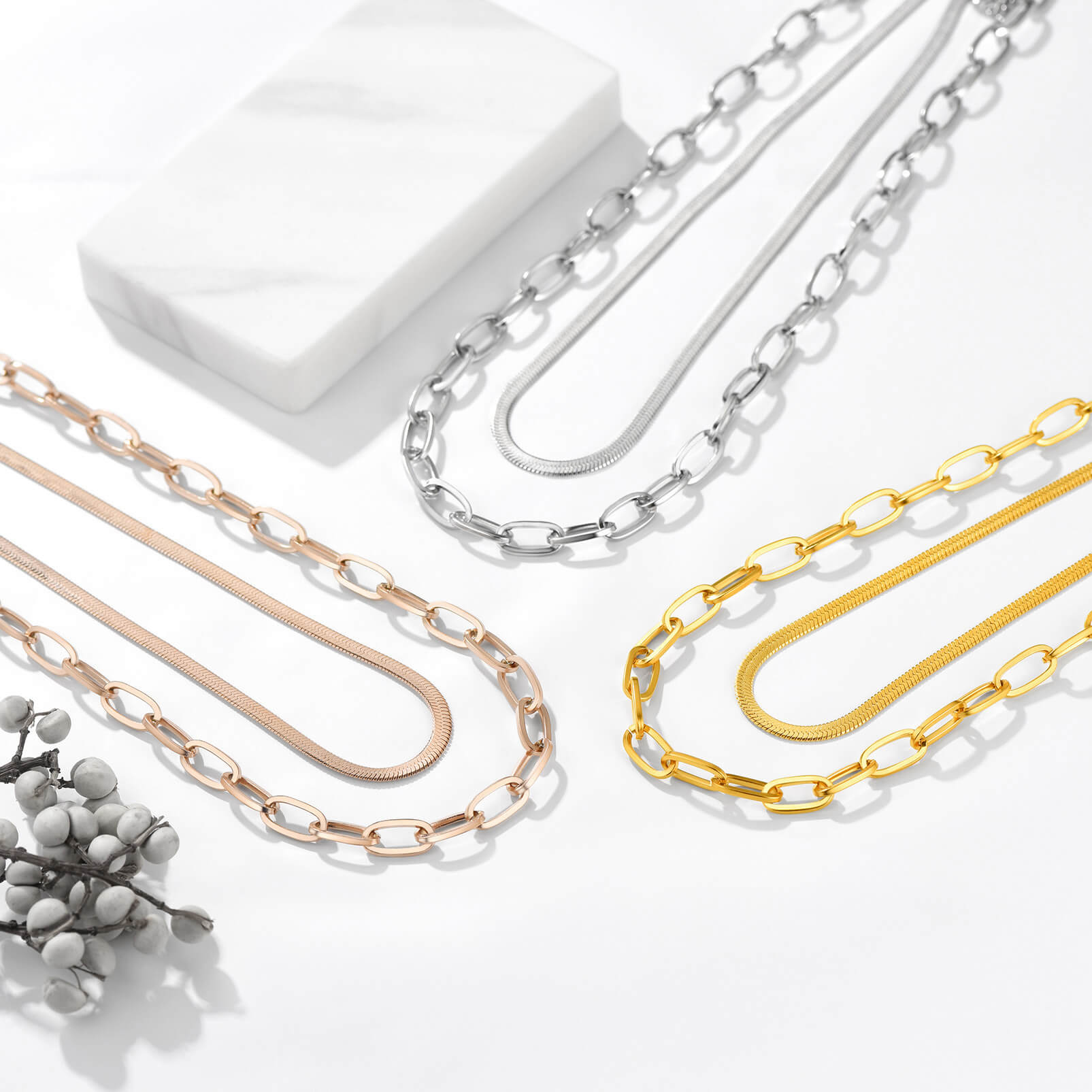 Layered Paperclip and Herringbone Chain Necklace Set