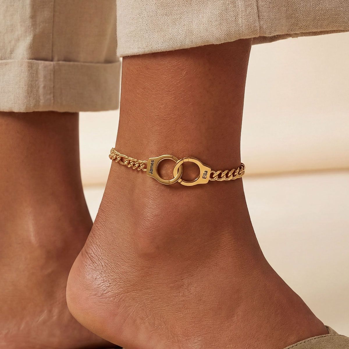 Personalized Handcuff Anklet with Figaro Chain