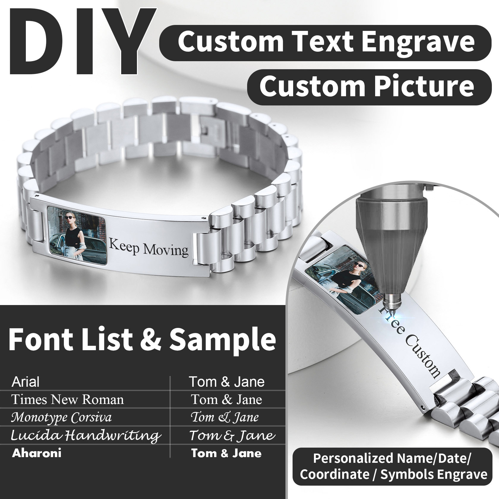 Personalized Photo Wristband Custom Engraved ID Bracelets for Men