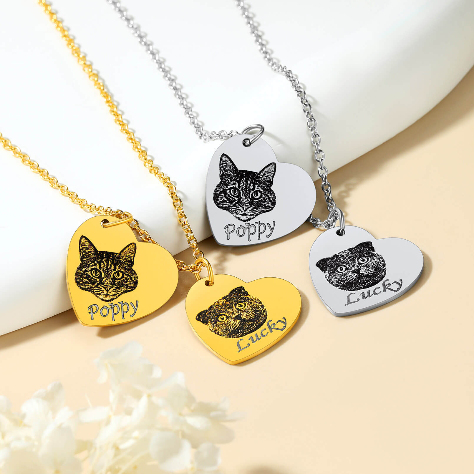 Custom 1-3 Heart Pet Portrait Photo Necklace for Pet Lover Pet Loss Gift