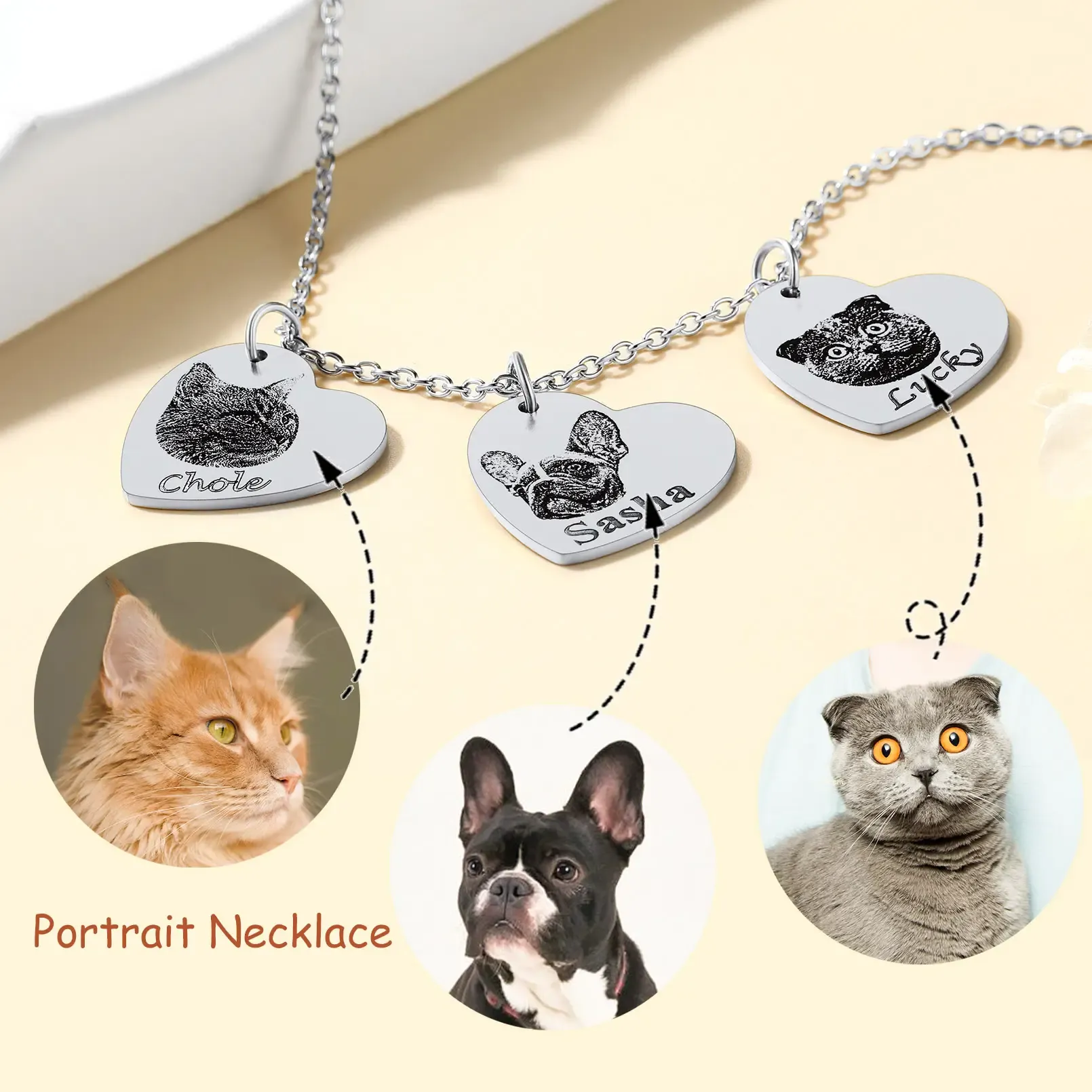 Custom 1-3 Heart Pet Portrait Photo Necklace for Pet Lover Pet Loss Gift