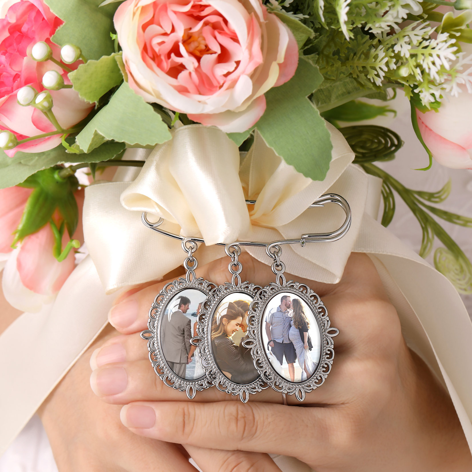 Personalized photo memory charm for bridal Bouquet Custom Brooch Pins
