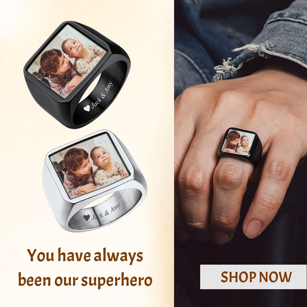 Custom Picture Signet Ring for Men with Text Memorial Gift