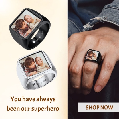 Custom Picture Signet Ring for Men with Text Memorial Gift