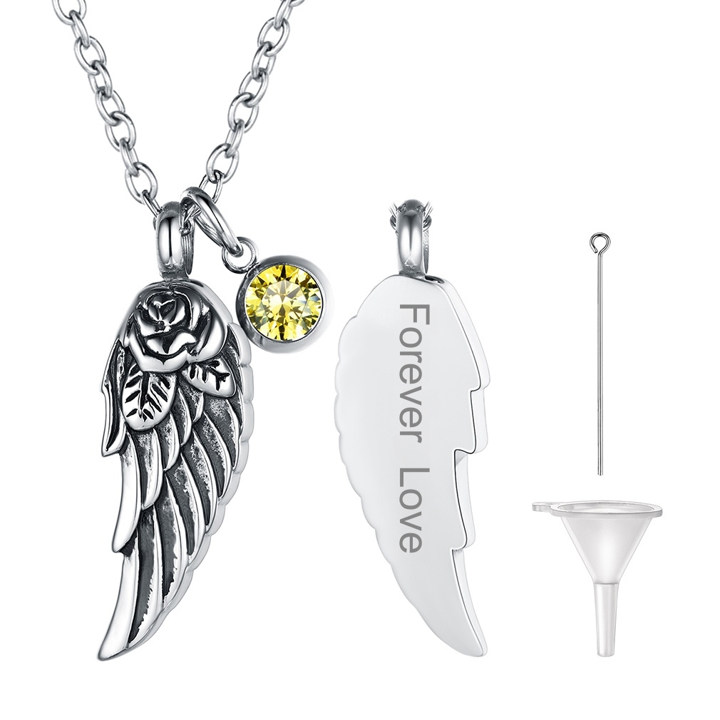 Custom Birthstone Angle Wing Cremation Urn  Necklace for Ashes
