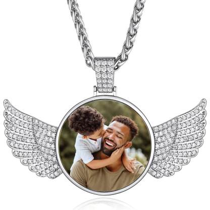 Custom Angel Wings Iced Out Photo Necklace for Men with Picture