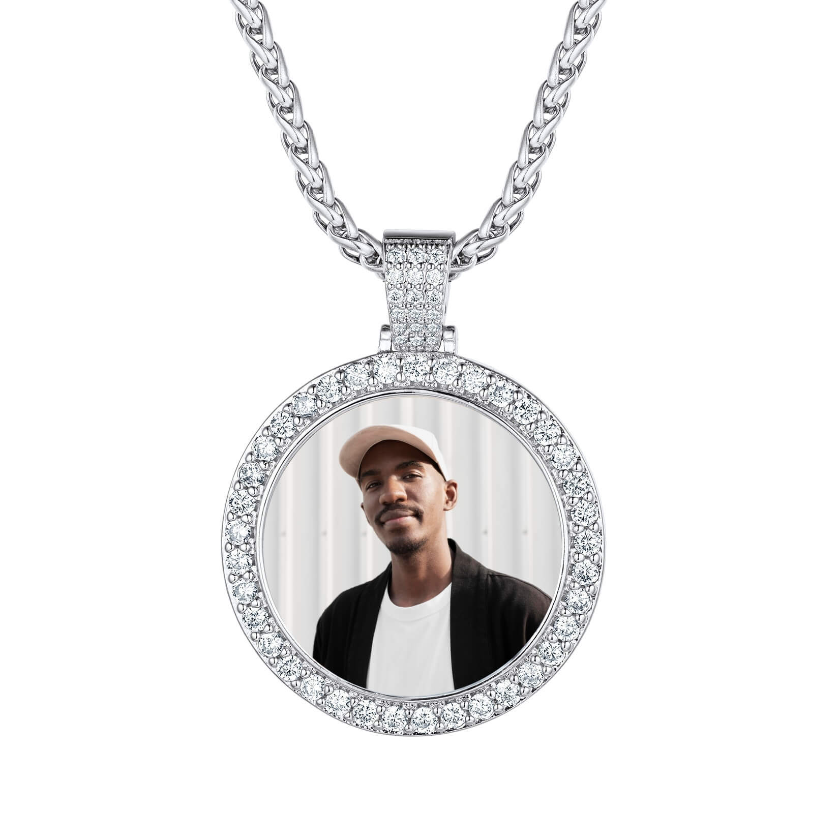 silver photo necklace with circle chain