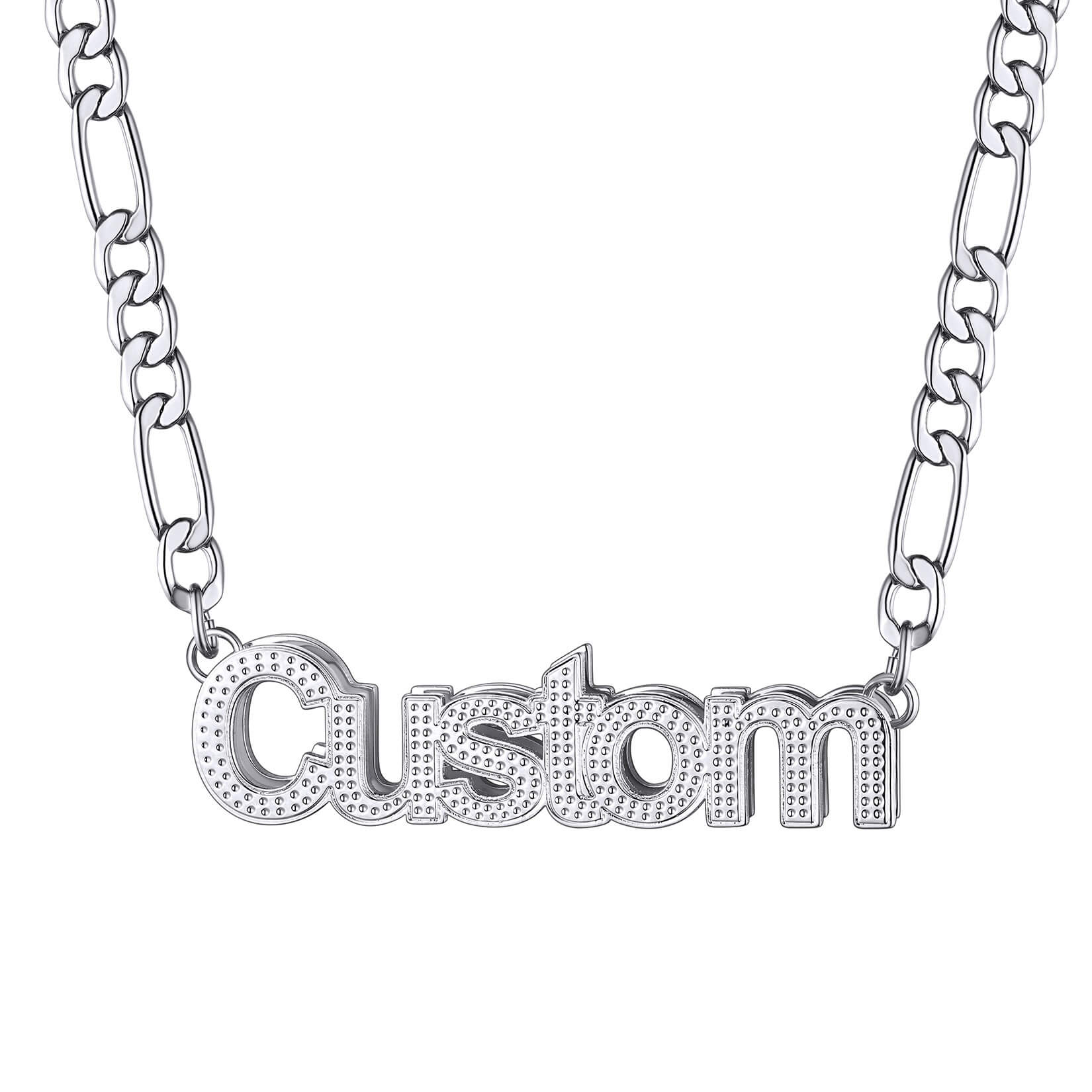 silver Diamond Cut Name Necklace with figaro chain