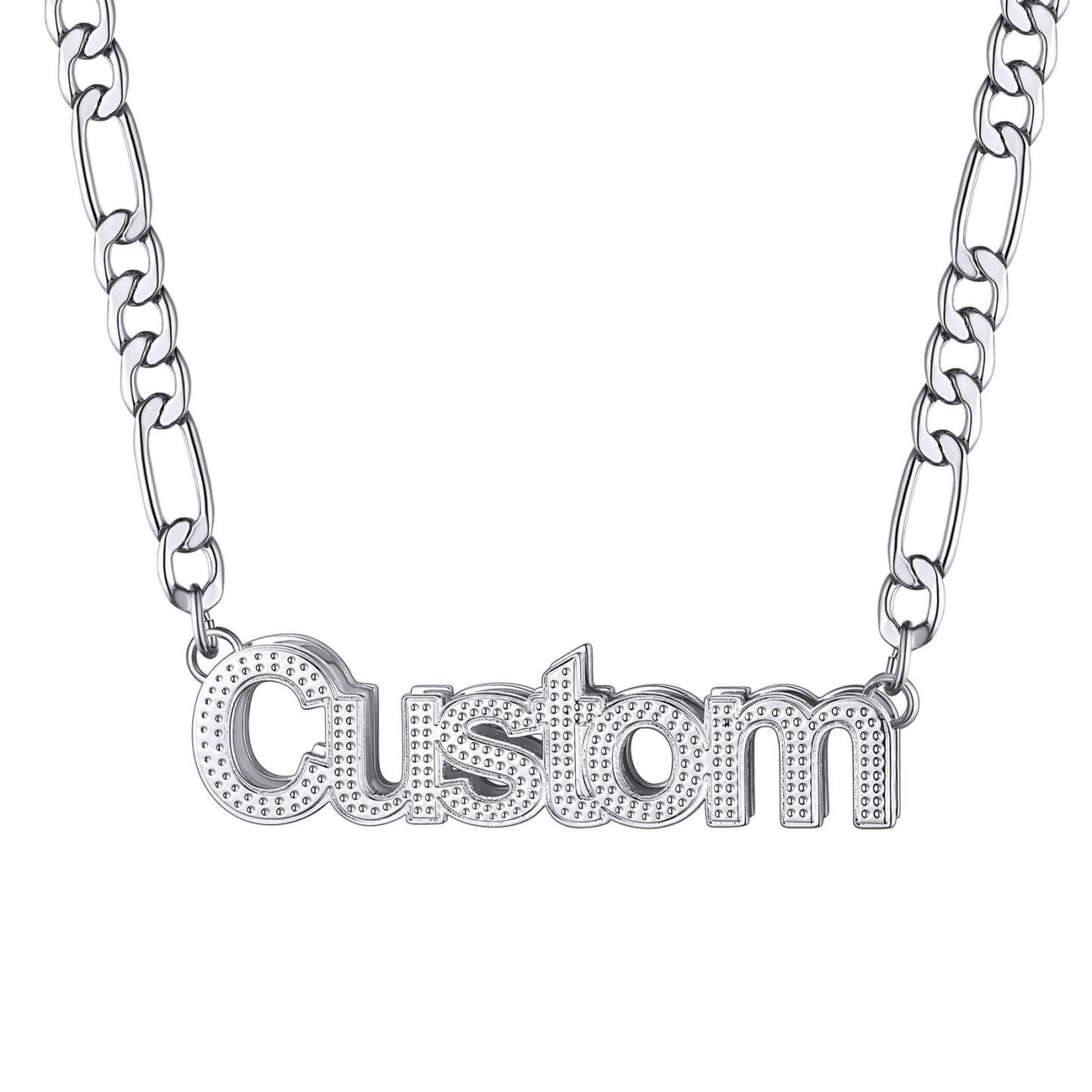 silver Diamond Cut Name Necklace with figaro chain