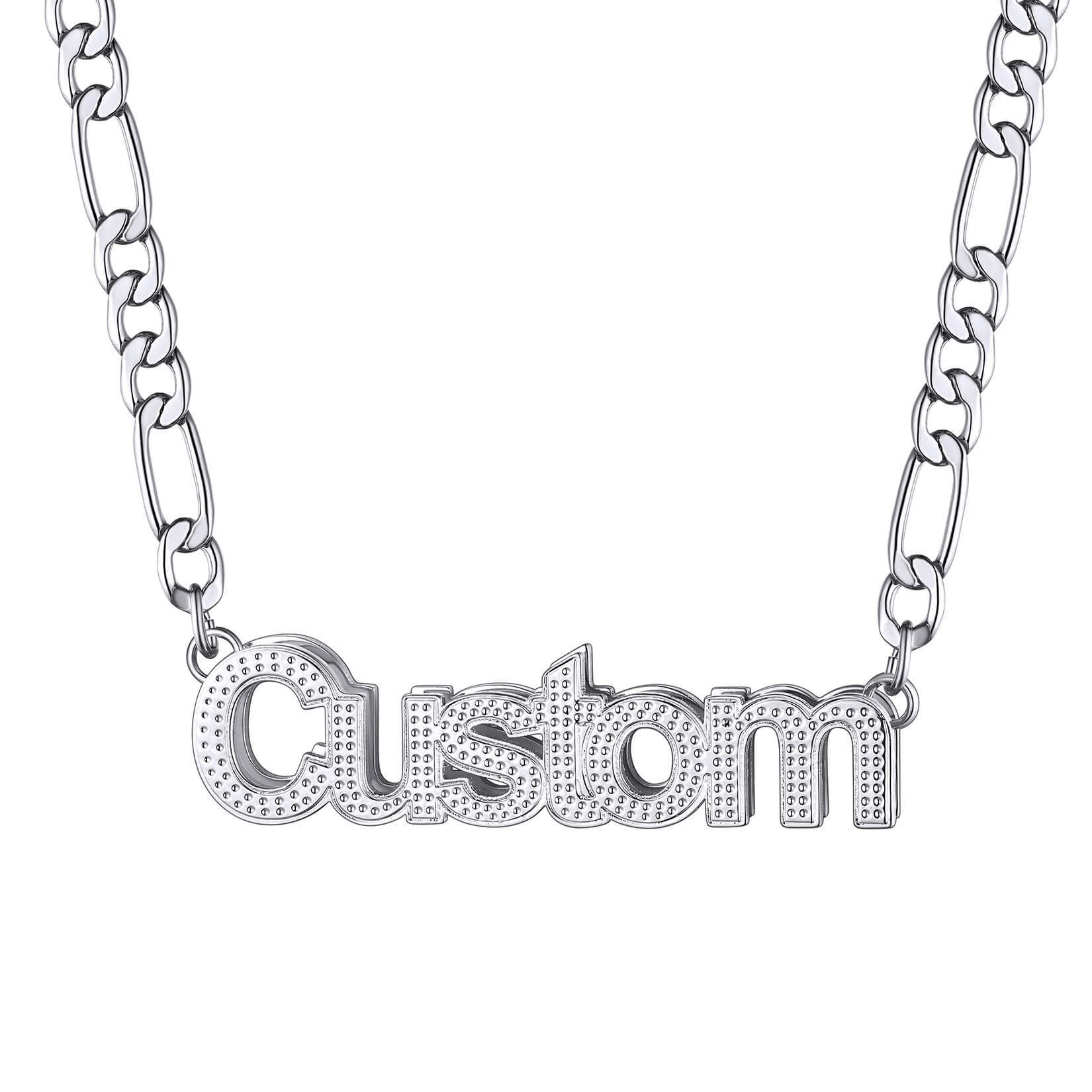 silver Diamond Cut Name Necklace with figaro chain