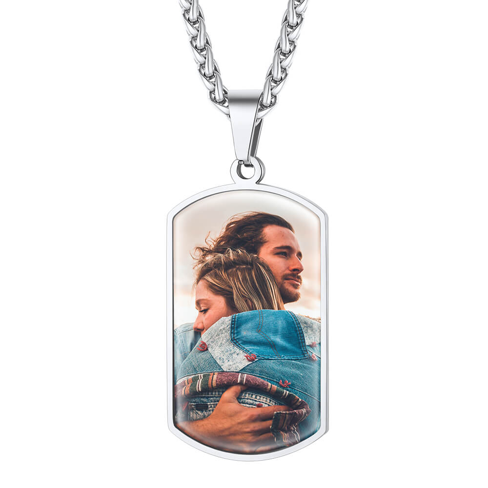 silver Dog Tag Photo Necklace with Picture for Men