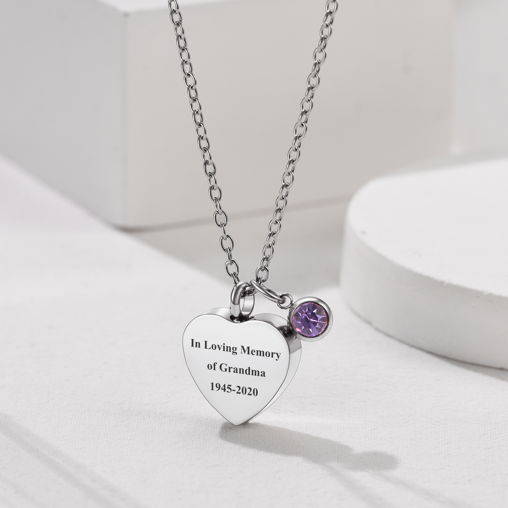 silver birthstone Heart Cremation Urn Necklace for Ashes