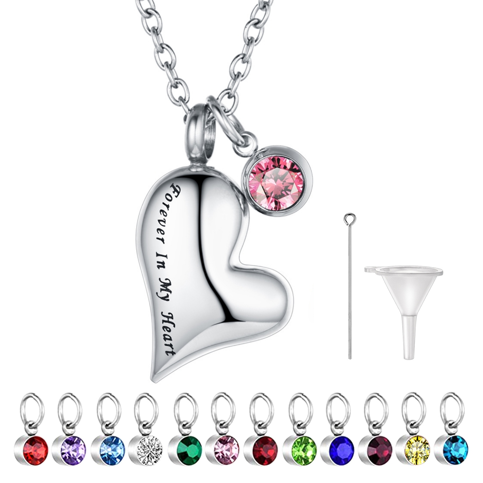 Custom Heart Birthstone Cremation Urn Necklace for Human or Pet Ashes