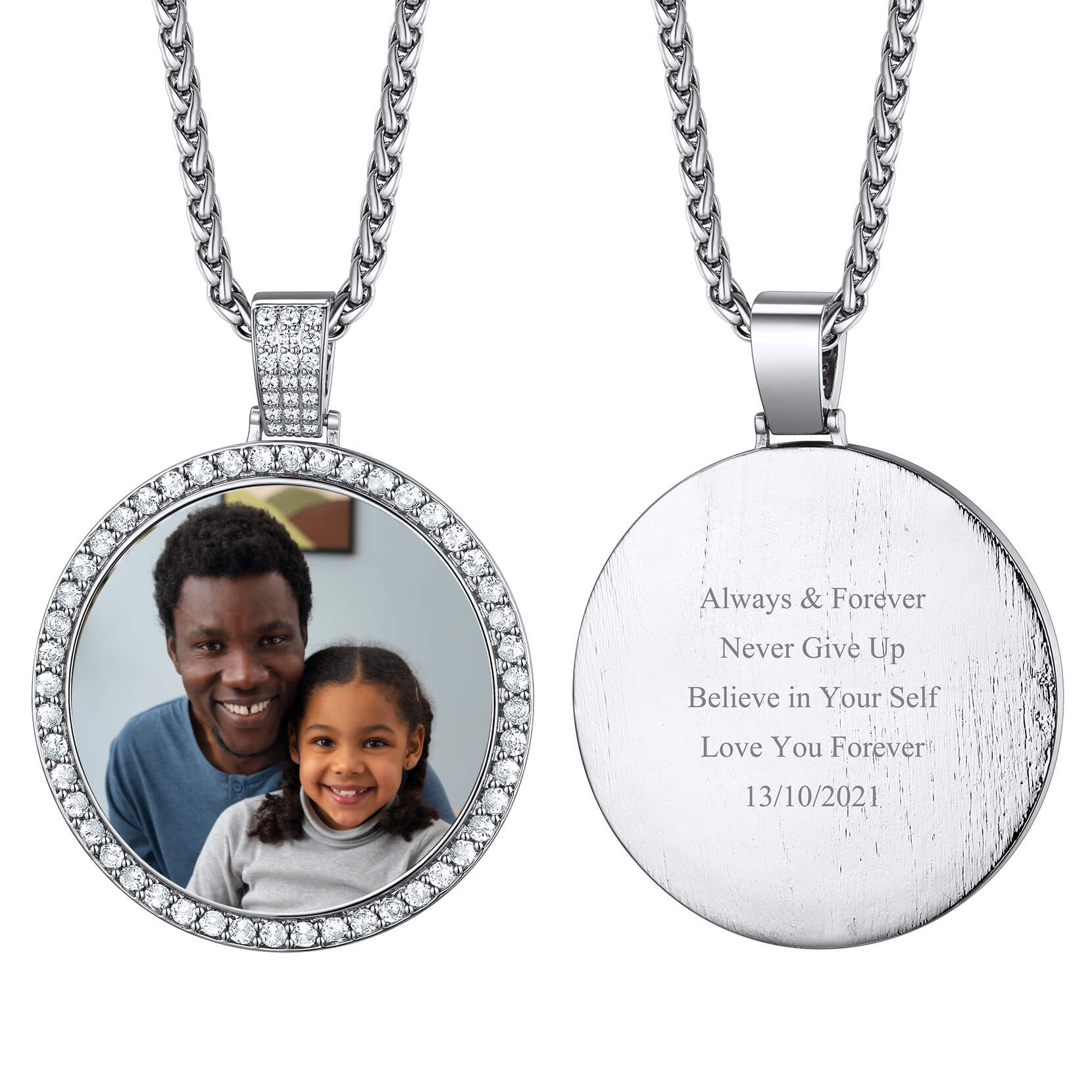 Personalized Mens Round Circle Chain Photo Pendant Necklace with Picture