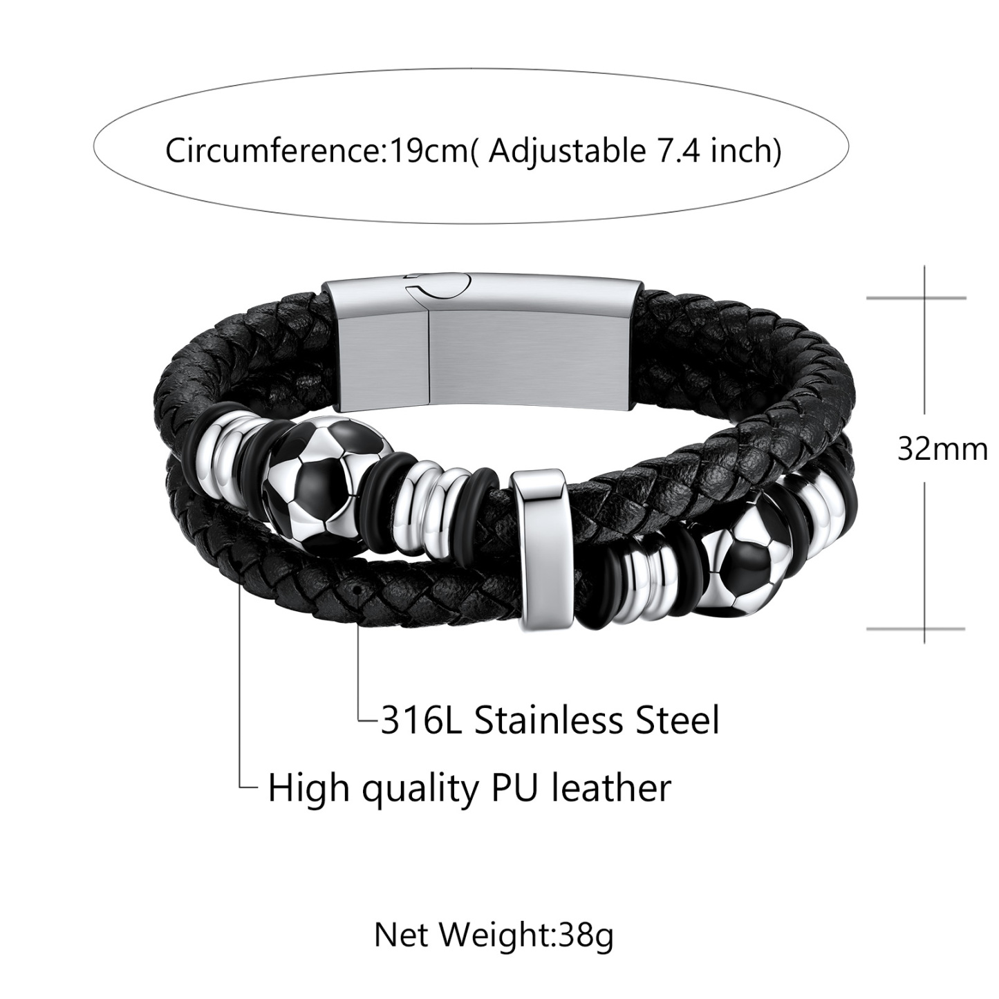 Custom Soccer Ball Double Row Leather Bracelet detail