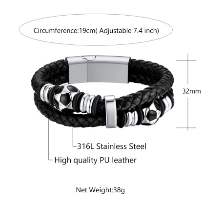Custom Soccer Ball Double Row Leather Bracelet detail
