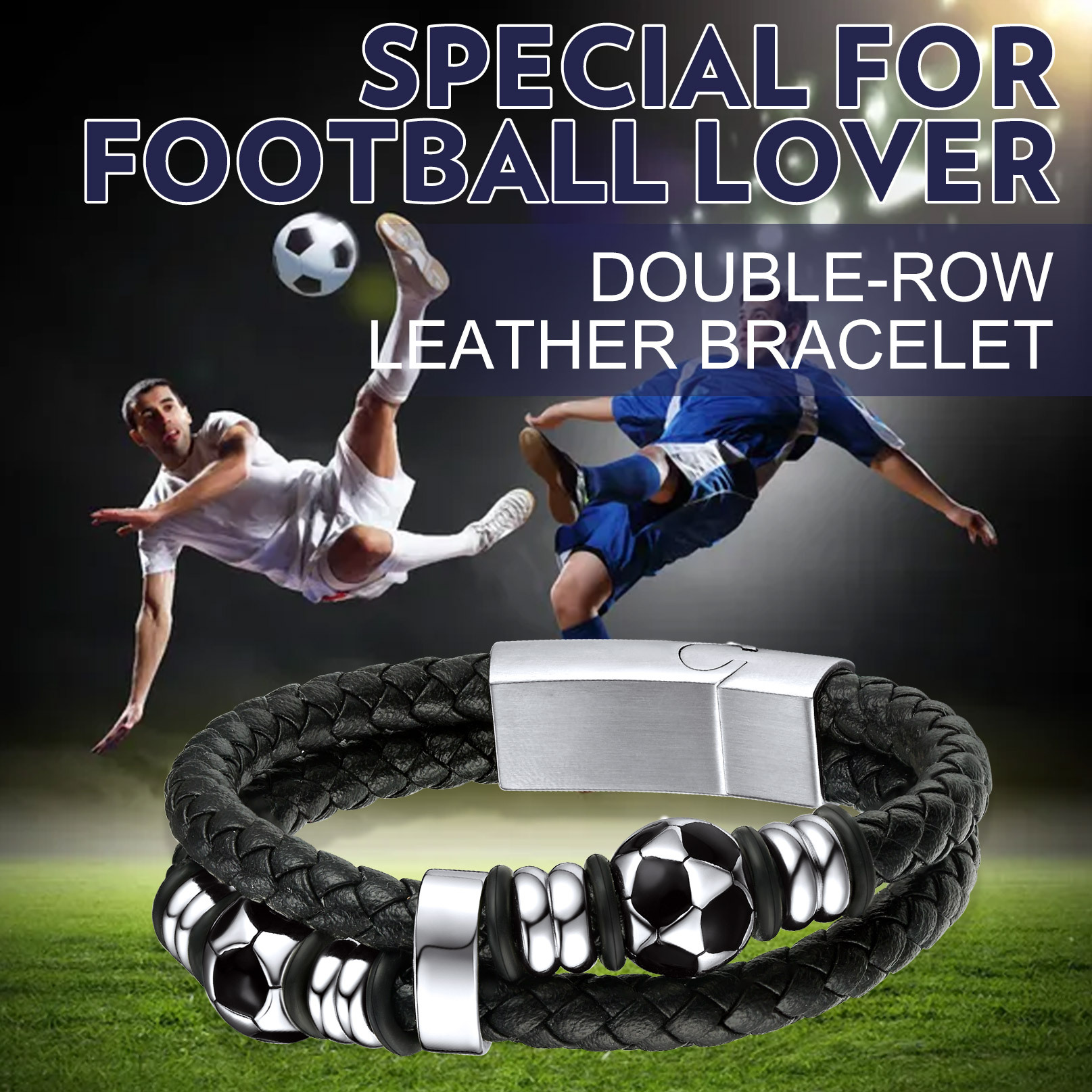 Custom Soccer Ball Double Row Leather engraved Bracelet for Men