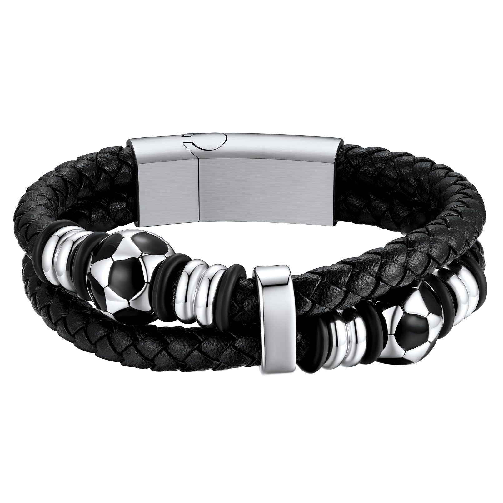 Personalized Soccer Ball Double Row Engraved Leather Bracelet for Men