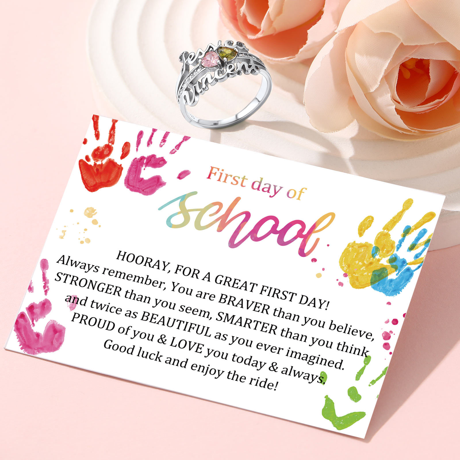 Custom Sterling Silver Heart Birthstone 2 Names Ring gift