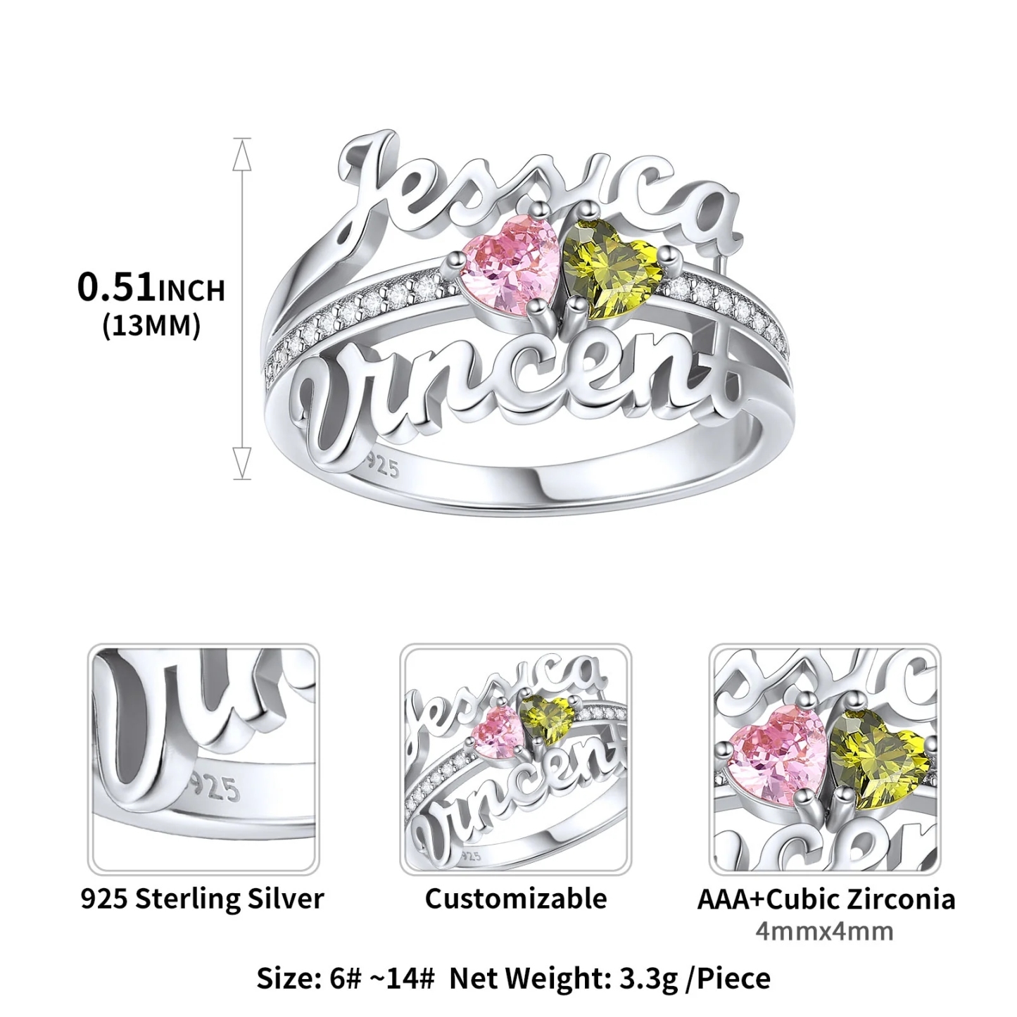 Custom Sterling Silver Heart Birthstone 2 Names Ring detail