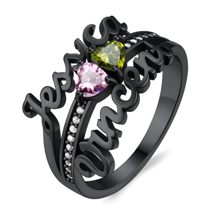 Custom Sterling Silver Heart Birthstone 2 Names Ring black