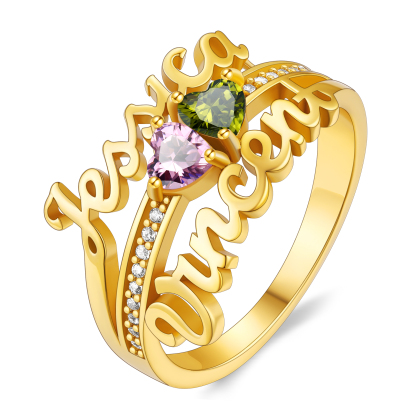 Custom Sterling Silver Heart Birthstone 2 Names Ring gold