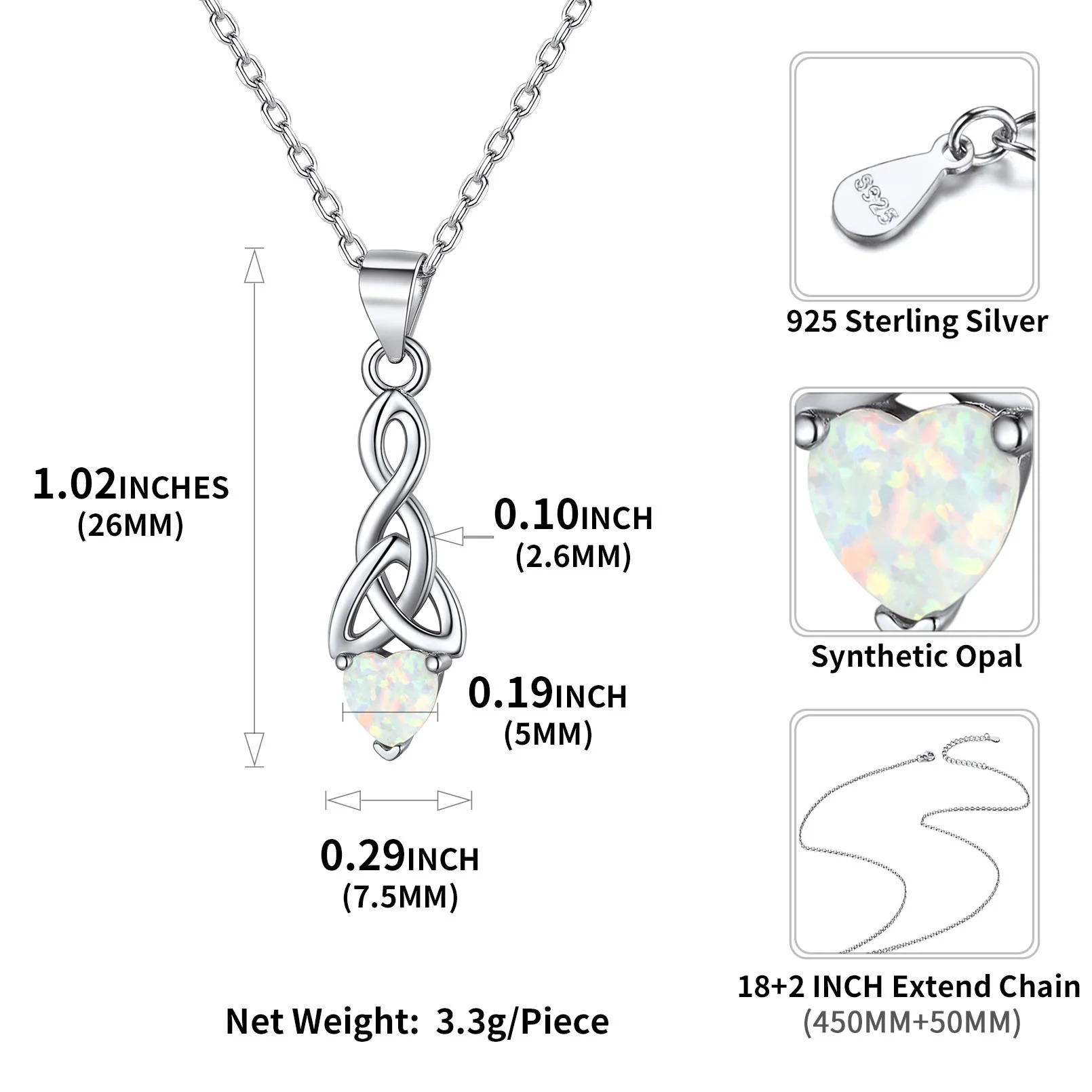 Sterling Silver Opal Heart Necklace detail