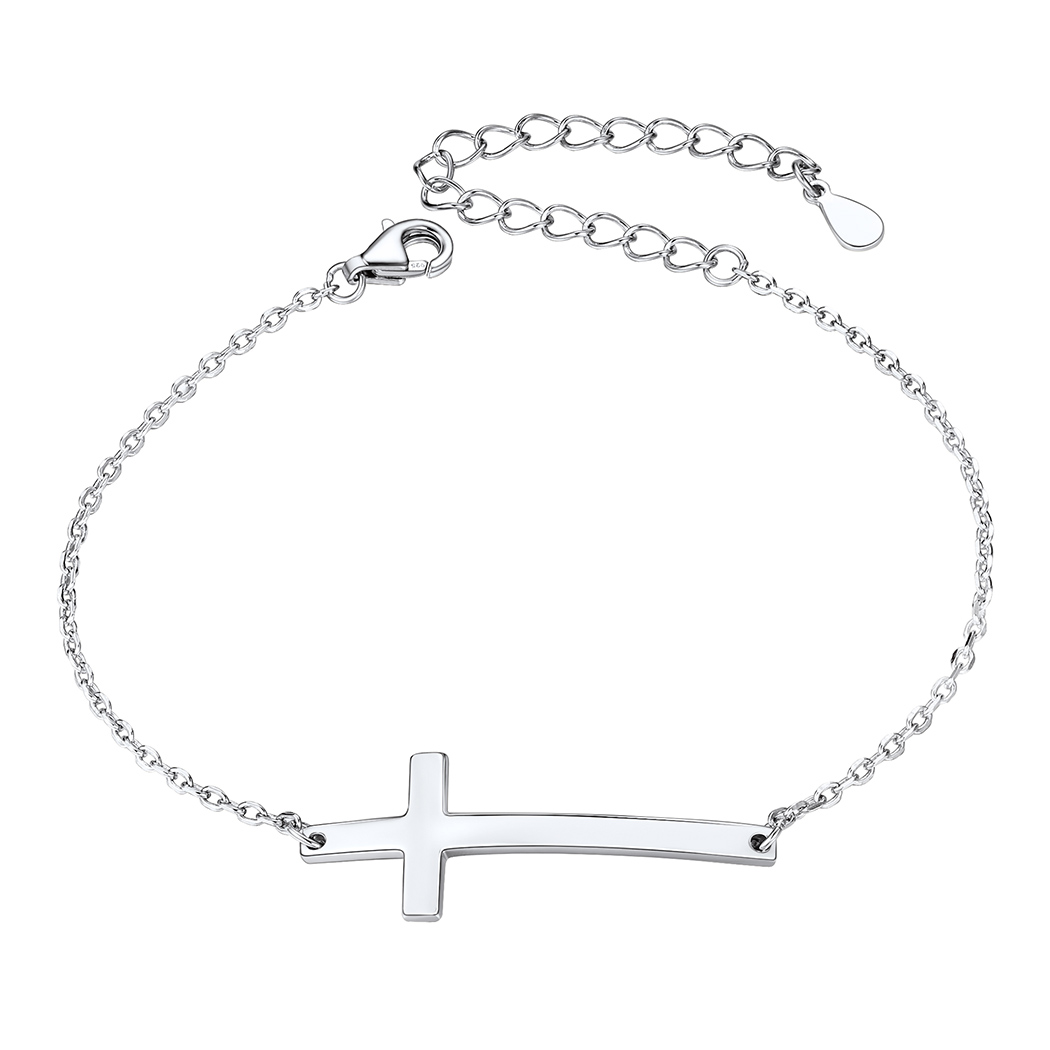 Sterling Silver Dainty Sideway Cross Chain Bracelets For Women